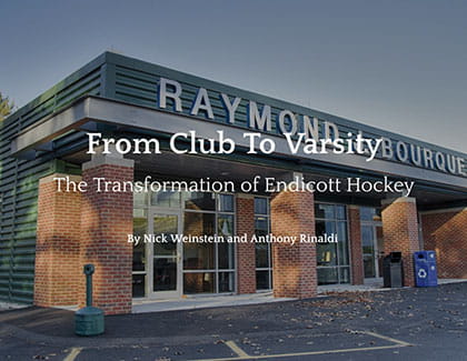 Raymond J. Bourque Arena with text overlay that reads "From Club to Varsity"