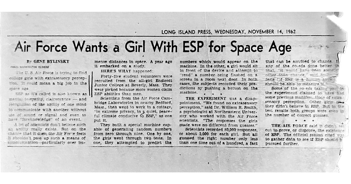 In the 1960s, the U.S. Air Force tapped officials at Endicott Junior College to recruit female students for an experiment to test for ESP—a potential groundbreaking weapon to wield against the Soviets during the Cold War. 