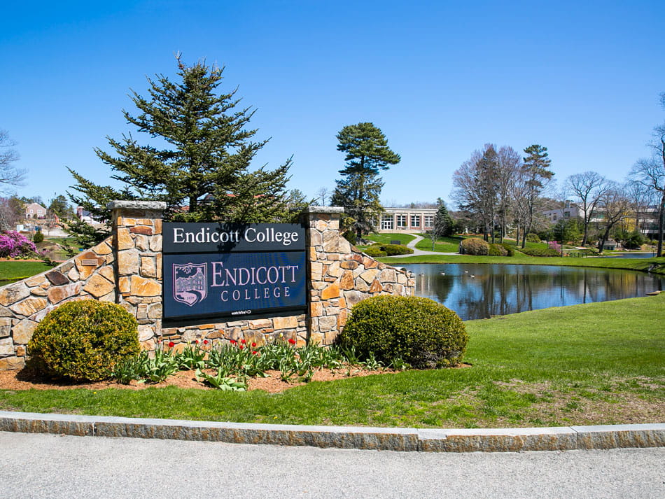 Scenic view of the main signage on Endicott College's campus