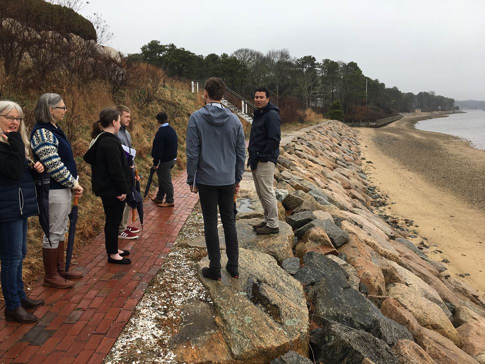 A group of Endicott Hospitality Students conduct mock sustainability audits alog the waters of Cape Cod, Mass.