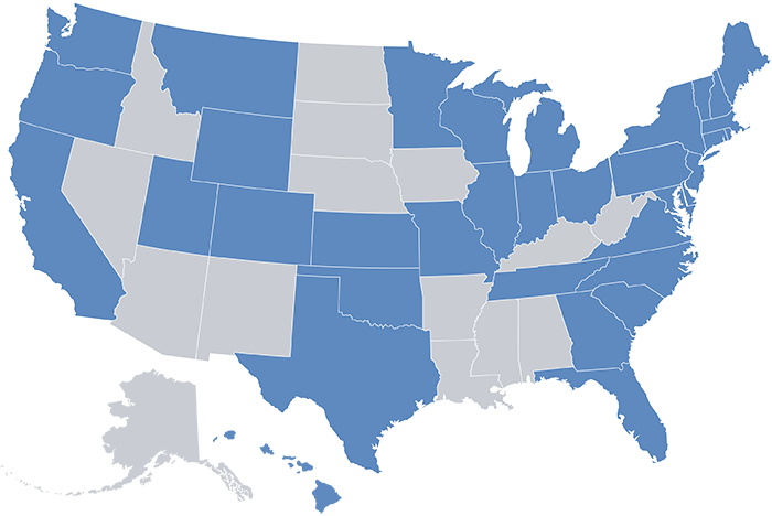 Map of U.S. states for Endicott College's 2024-25 Internships