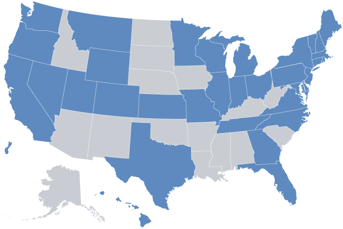 Map of U.S. states for Endicott College's 2024-25 Internships