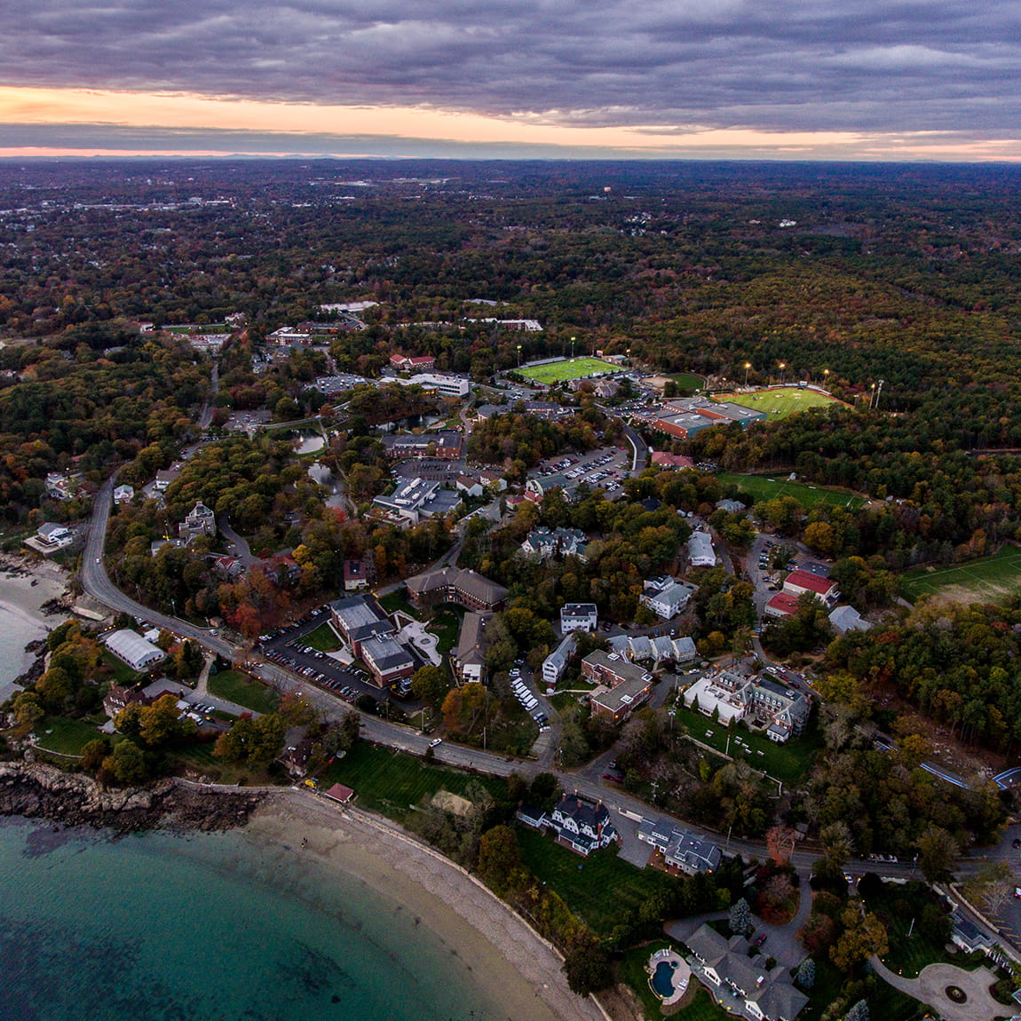 aerial view of endicott campus plus ocean