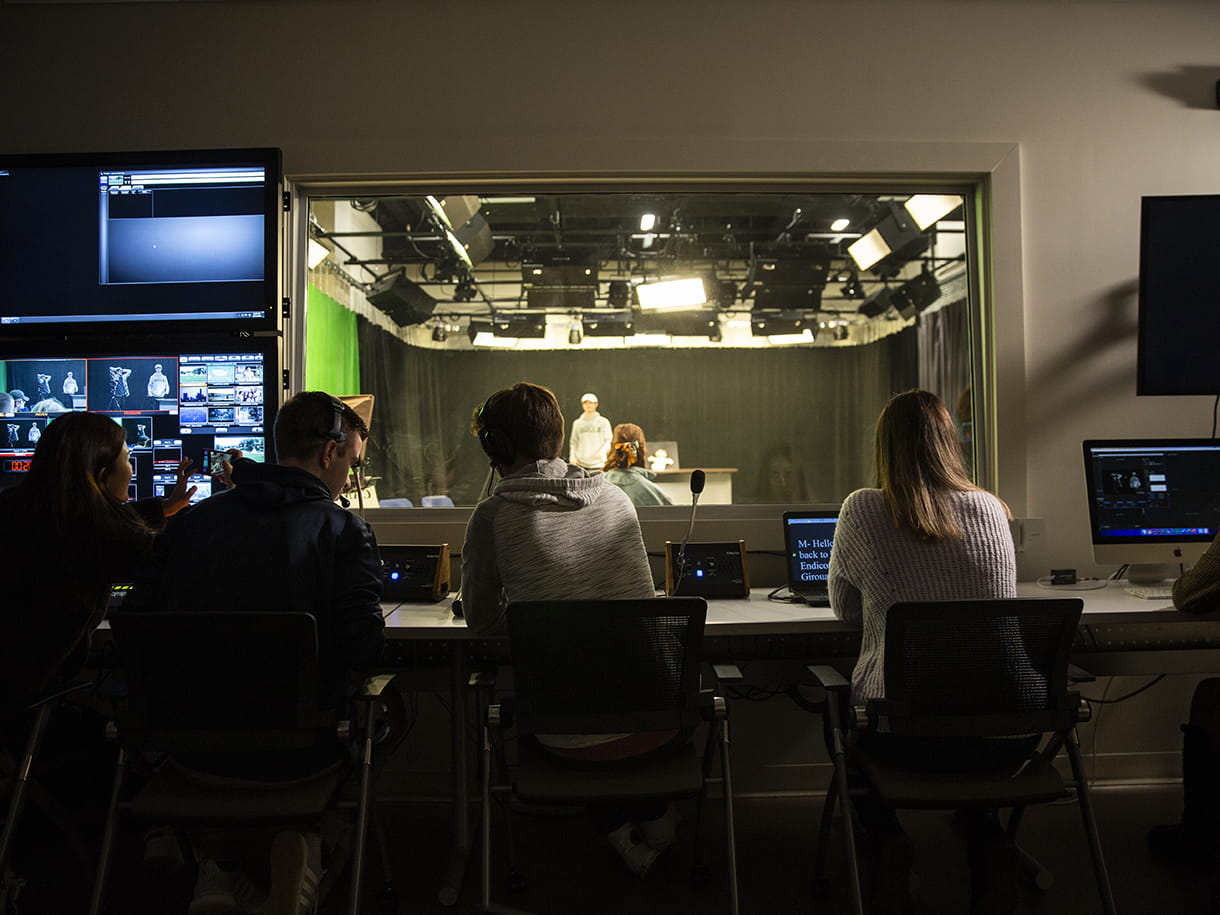 Endicott College students in the digital filmmaking control room