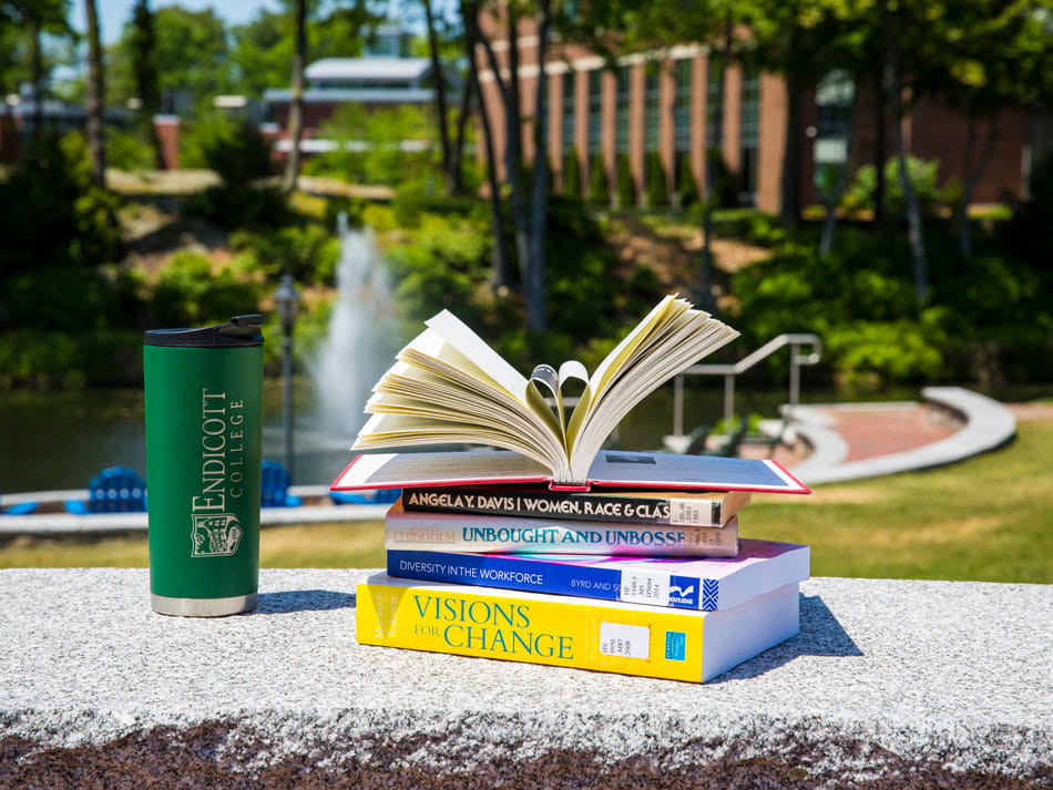 Stack of books on Endicott College campus