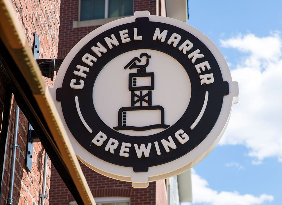 Channel Marker Brewery logo in downtown Beverly, Mass.