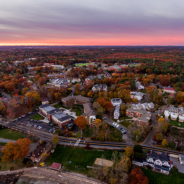 scenic aerial shot of campus during sunrise/sunset