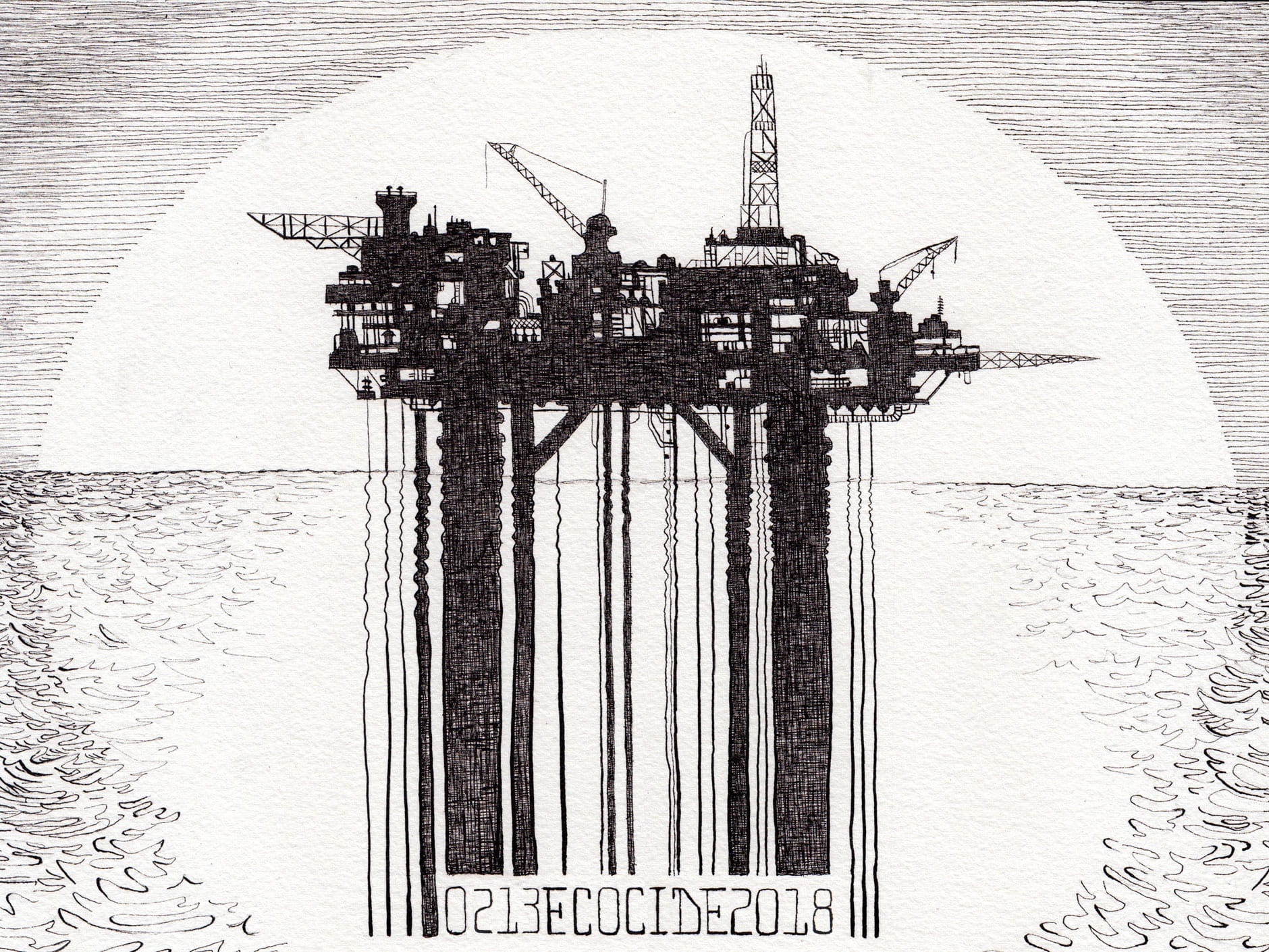 The image shows “Rigged Platform” Ink on paper, an art piece by Zoe Matthiessen