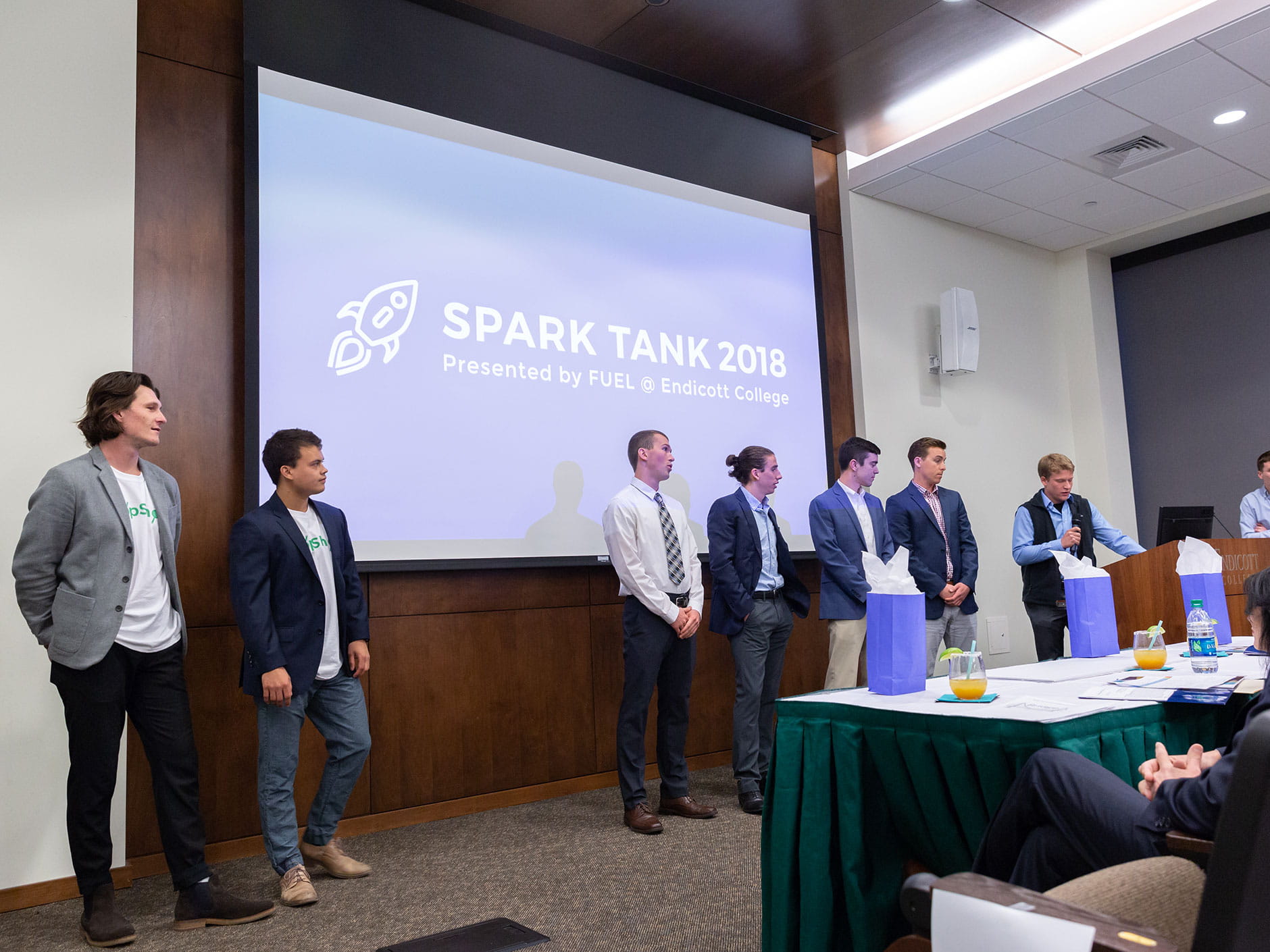 Finalists from last year's Spark Tank standing in the Klebanoff Auditorium waiting for the results of the competition. 