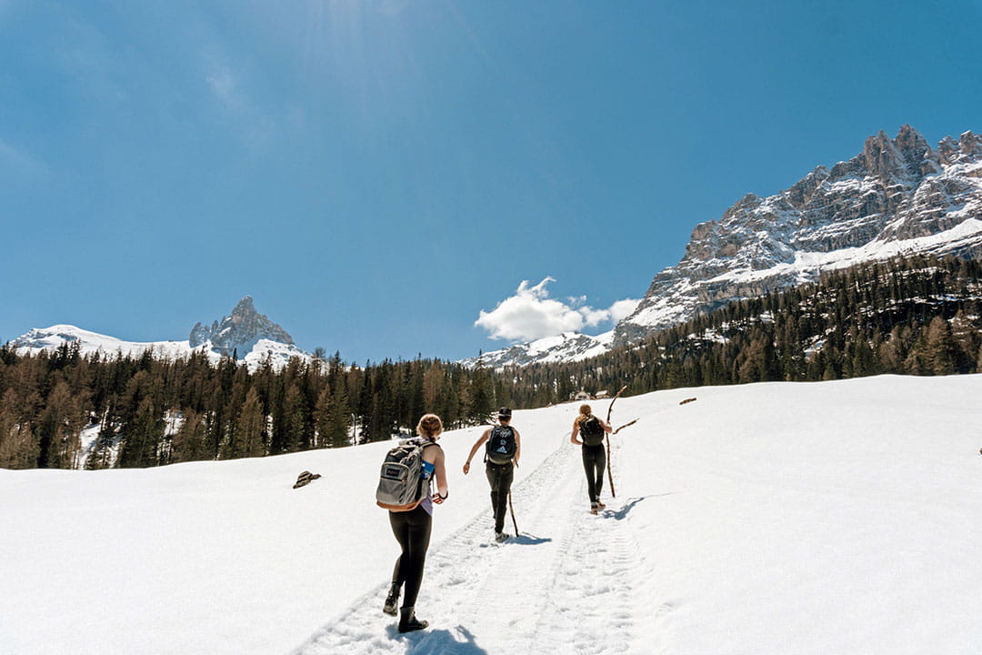 Three students hiking up the Italian Dolomites in Cortina