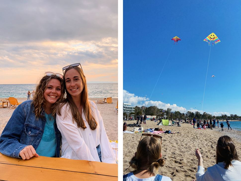 Amy Phalen pictured at a beach in Athens, Greece, and flying traditional kites 