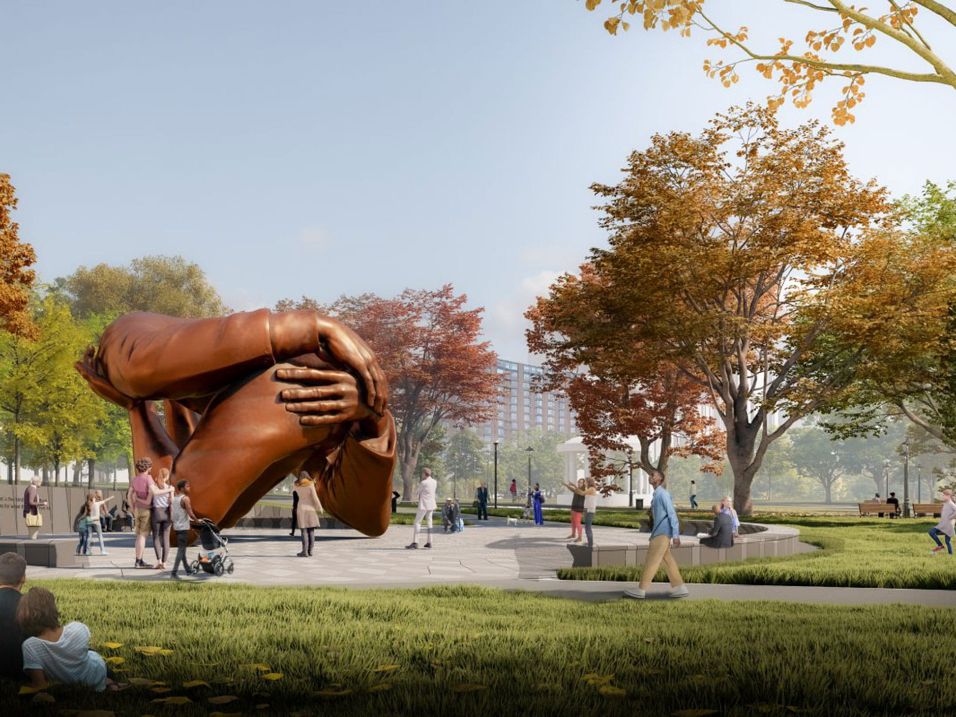 Designed by internationally acclaimed artist Hank Willis Thomas, The Embrace is a massive bronze sculpture (20 feet high and 40 feet wide) built by more than 100 workers inside a workshop at The Foundry in Walla Walla, Wash. It is the first new memorial on Boston Common in 30 years. 