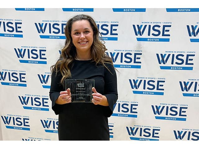 Endicott College student Shaela Nally ’24 won the Woman of Inspiration Student Award on December 11, 2023, at a ceremony at the Auerbach Center in Boston. 