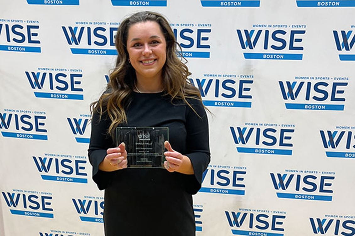 Endicott College student Shaela Nally ’24 won the Woman of Inspiration Student Award on December 11, 2023, at a ceremony at the Auerbach Center in Boston. 