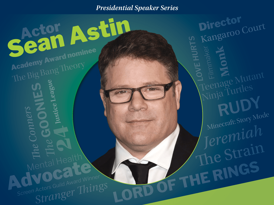 Headshot of Sean Astin, actor, producer, and activist as part of the Endicott Presidential Speaker Series