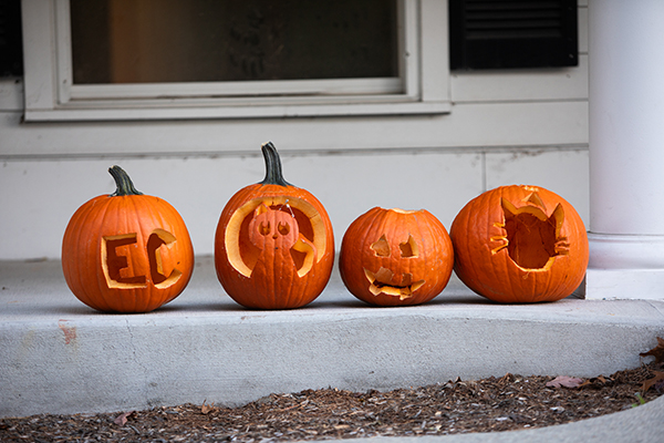 A row or carved pumpkins