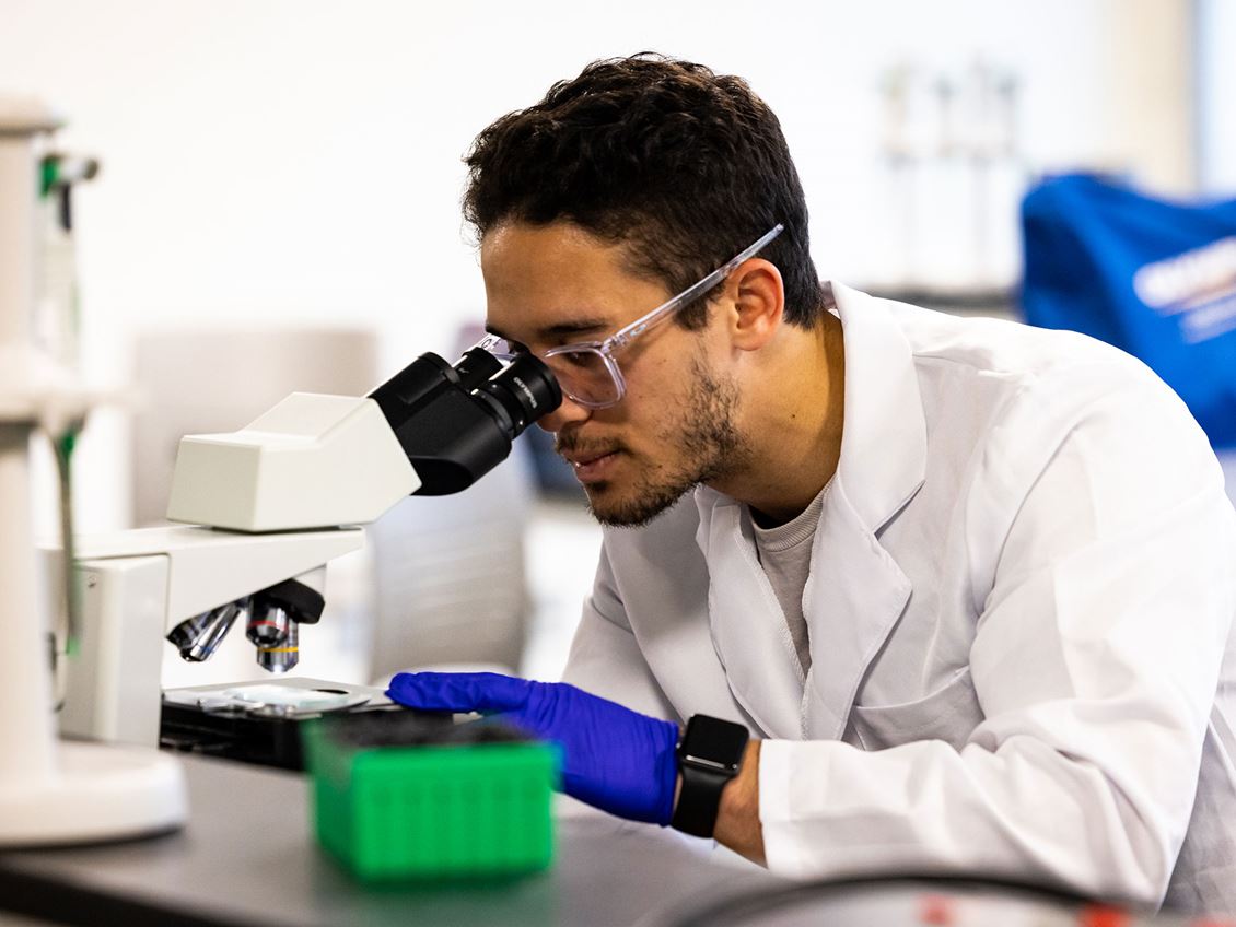Student looking through a microscope