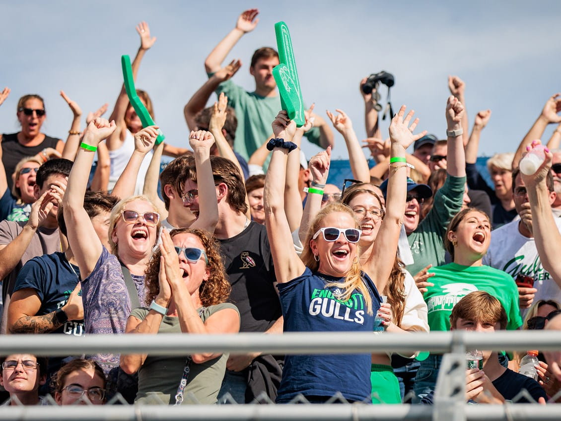 A group in blue and green cheers in the crowd.