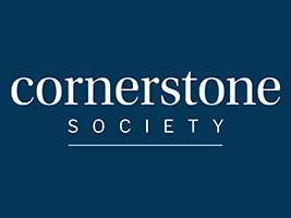 CCornerstone logo white lettering on Endicott blue background