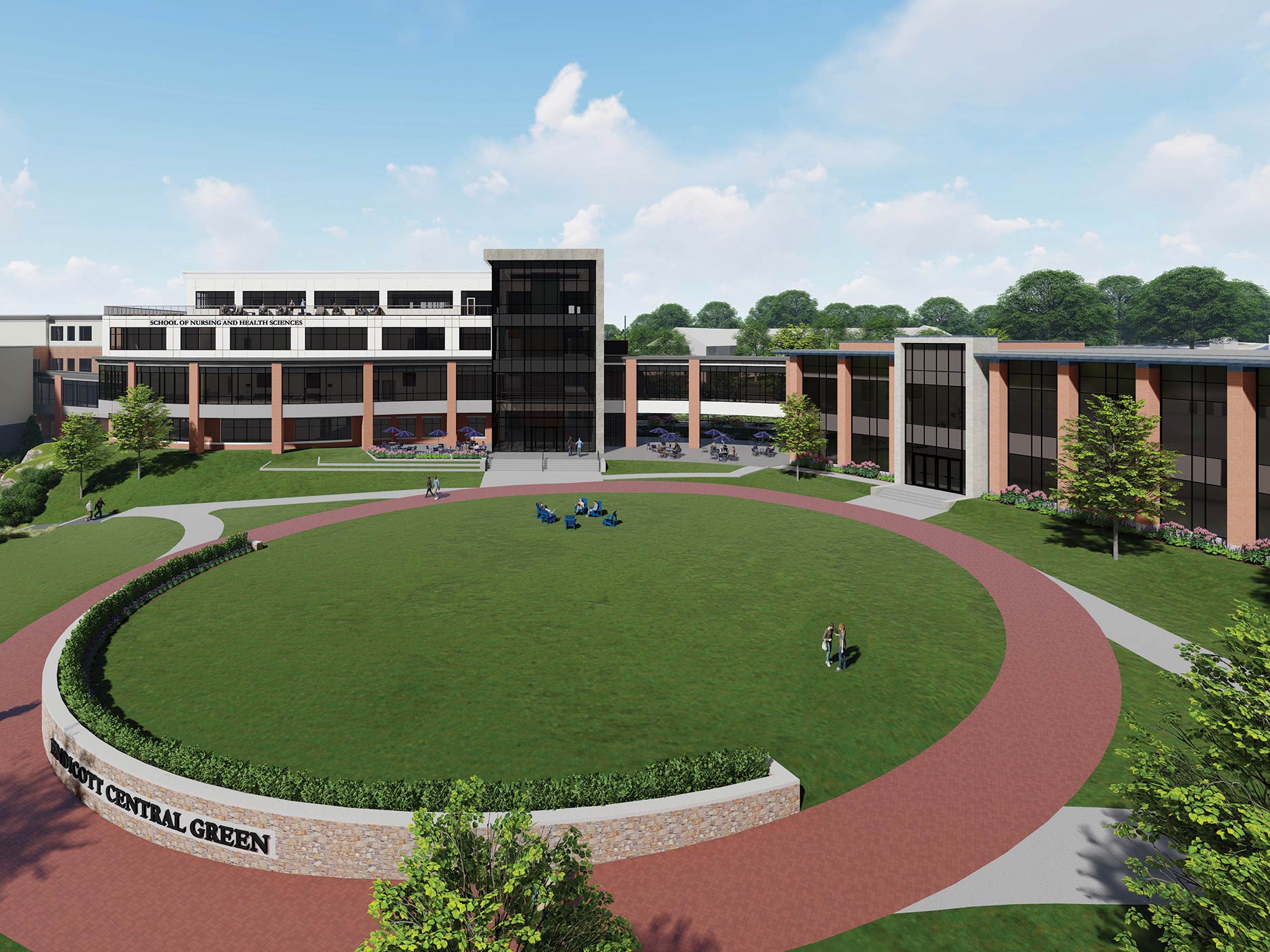 new building and green lawn rendering for cummings center for nursing