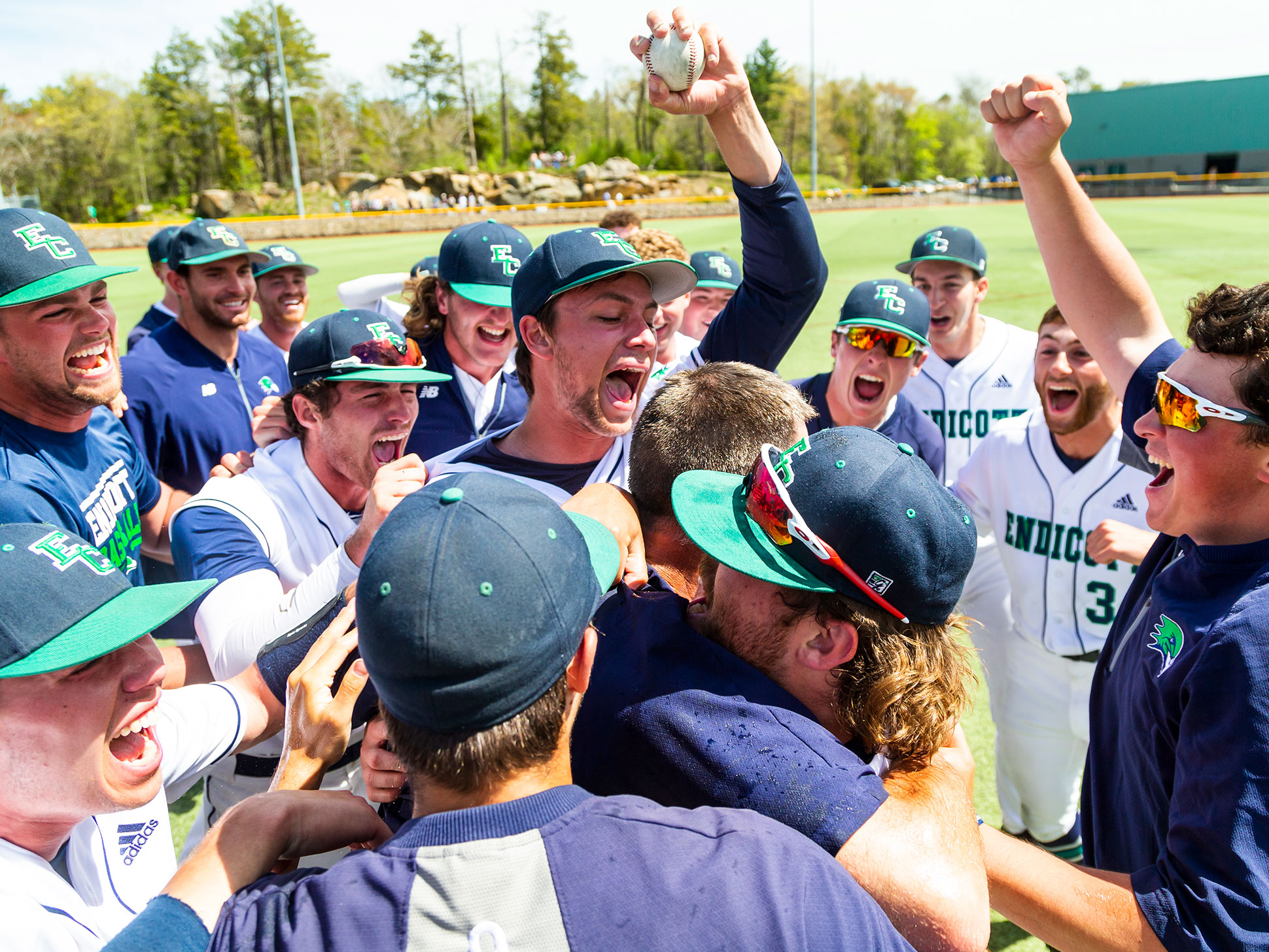 Endicott’s baseball erupted into cheer moments after its Commonwealth Coast Conference Championship win against Western New England University. 