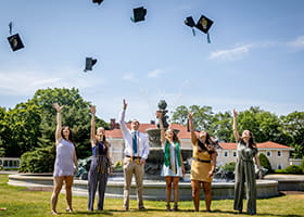 Endicott Class of 2020 graduates Brianna Gallagher, Emily Pratt, Greg Kay, Kaleigh Putnam, Rachael Tucker, and Katie Peter by Tupper Manor fountain