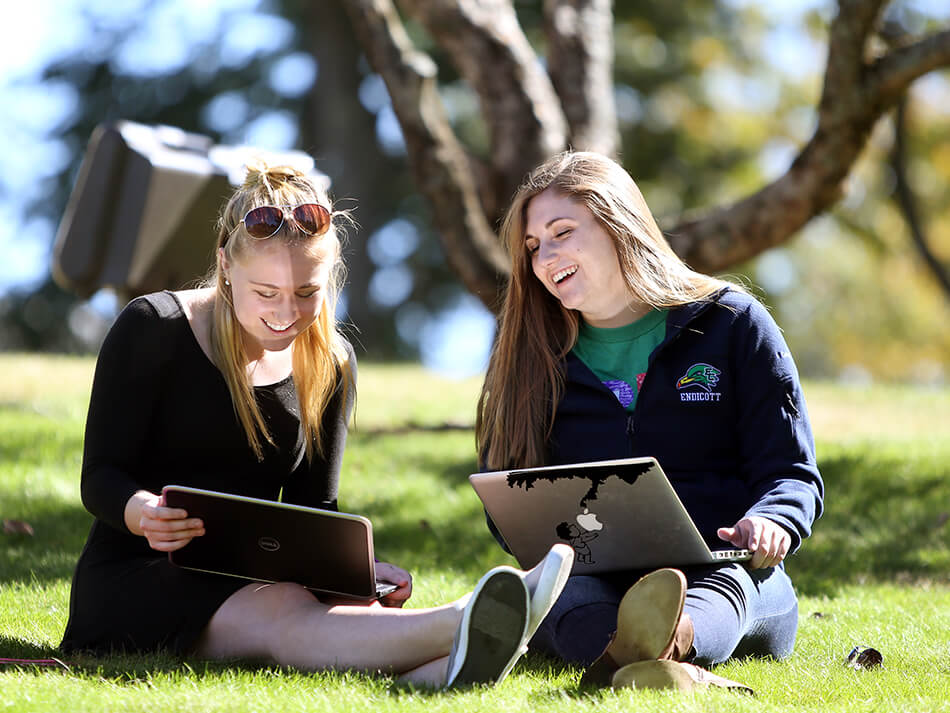 two students working on laptops in open grassy area