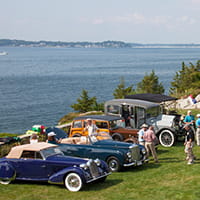 Four cars lined up at Concours D'Elegance along the Endicott College coastline
