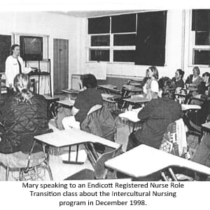 Speaking to an Endicott Registered Nurse Role Transition class about the Intercultural Nursing program in December 1998